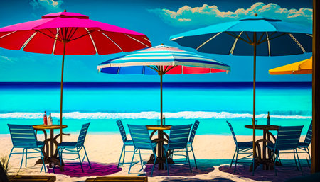 Painting of the beach with chairs and umbrellas. Generative AI.の素材