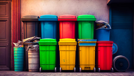 Group of trash cans sitting in front of building. Generative AI.の素材
