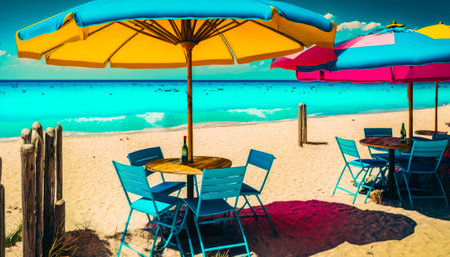 Group of chairs and umbrellas on the beach. Generative AI.の素材