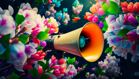Red and yellow bullhorn surrounded by flowers. Generative AI.の素材