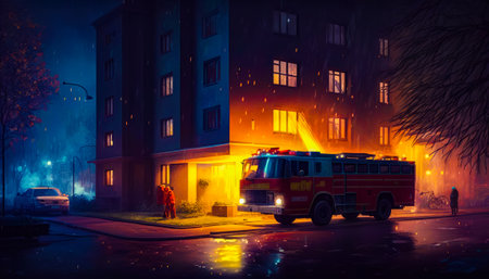 Fire truck is parked in front of building at night. Generative AI.の素材