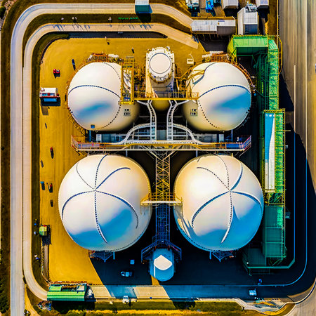 An aerial view of two large gas tanks. Generative AI.の素材