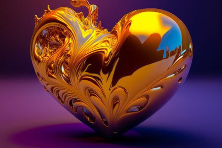 Golden heart shaped object on purple background. Generative AI.の素材