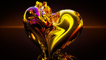 Golden heart shaped object on black background. Generative AI.の素材