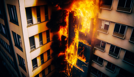 Building is on fire in the middle of the city. Generative AI.の素材