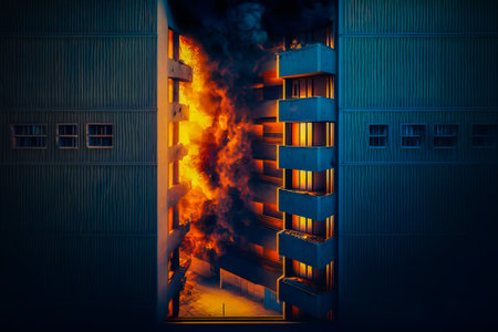 An image of building on fire with smoke coming out of it. Generative AI.の素材