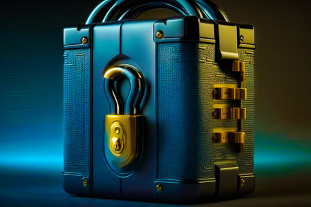Blue suitcase with padlock on it. Generative AI.の素材