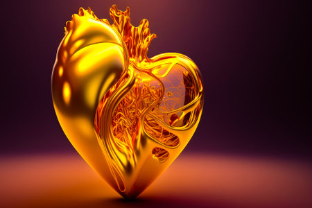 Golden heart with flames coming out of it. Generative AI.の素材