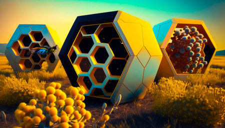 Three beehive shaped structures in the middle of the field. Generative AI.の素材