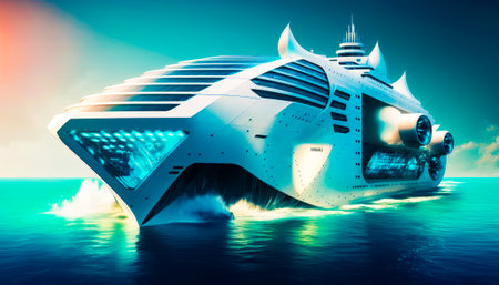 An artist's rendering of futuristic ship in the ocean. Generative AI.の素材