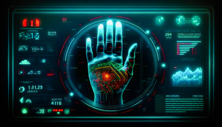 An image of futuristic hand on computer screen. Generative AI.の素材