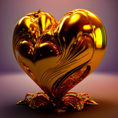 Golden heart shaped object on purple background. Generative AI.の素材