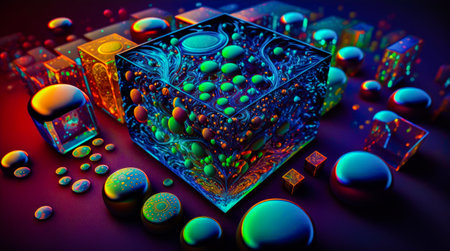 An image of a cube surrounded by colorful balls. Generative AI.の素材