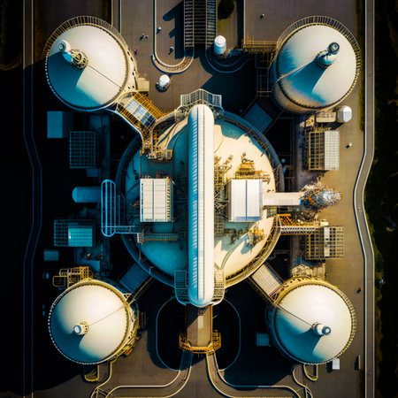 An aerial view of a large industrial building. Generative AI.の素材