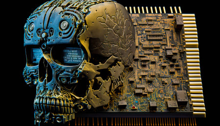 Computer chip with skull on top of it. Generative AI.の素材