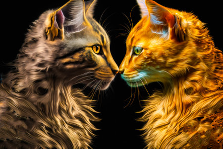 Two cats facing each other on black background. Generative AI.の素材
