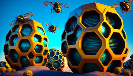 Honeycombs in the desert with bees flying around them. Generative AI.の素材