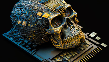 Skull made out of computer chips on top of circuit board. Generative AI.の素材
