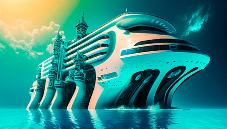 An illustration of a cruise ship floating in the ocean. Generative AI.の素材