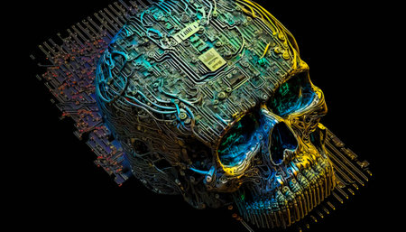 Skull made out of computer chips on black background. Generative AI.の素材