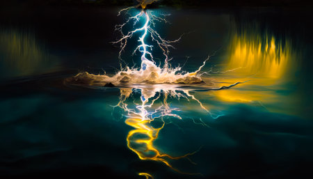 Lightning bolt is reflected in the water. Generative AI.の素材