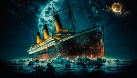 The titanic sinking in the ocean with full moon in the background. Generative AI.の素材