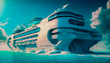 Large cruise ship floating in the ocean. Generative AI.の素材