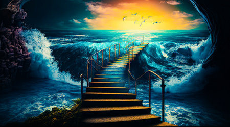 Stairway leading to the ocean at sunset. Generative AI.の素材