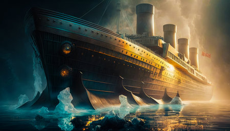 The titanic ship is floating in the water. Generative AI.の素材