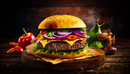 Cheeseburger on wooden table with vegetables and spices. Generative AI.の素材