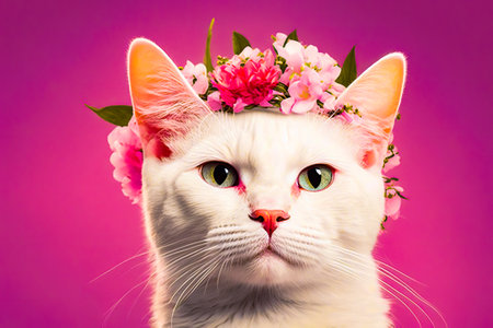 White cat with flower crown on its head. Generative AI.の素材