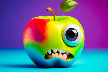 Colorful apple with an eye and mouth. Generative AI.の素材