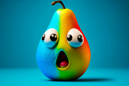 Rainbow colored pear with eyes and mouth open. Generative AI.の素材