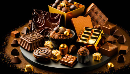 An assortment of chocolates and candies on black background. Generative AI.の素材