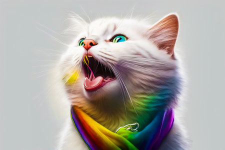 White cat with colorful scarf around its neck. Generative AI.の素材