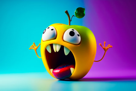 An image of an apple with eyes and mouth open. Generative AI.の素材