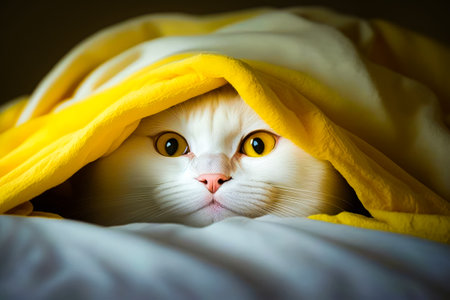 White cat peeking out from under yellow blanket. Generative AI.の素材
