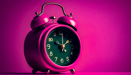 Pink alarm clock on purple background. Generative AI.の素材