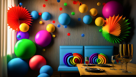 Dining room decorated with colorful balloons. Generative AI.の素材