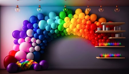 An image of rainbow colored room with balloons. Generative AI.の素材