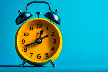 Yellow alarm clock on blue background. Generative AI.の素材