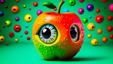 Colorful apple with eyes and eyeballs on it. Generative AI.の素材