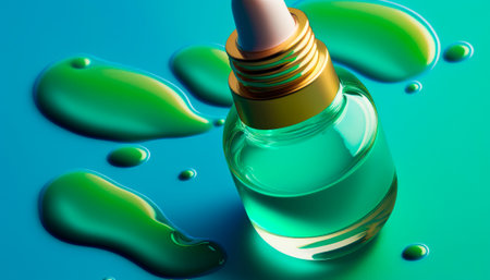 Bottle of green liquid on blue background. Generative AI.の素材