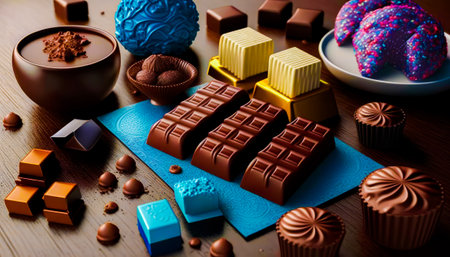 Variety of chocolates and candies on table. Generative AI.の素材