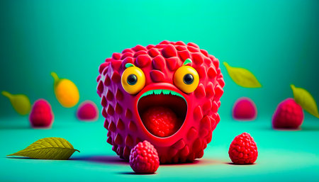 An image of an angry looking raspberry with leaves around it. Generative AI.の素材