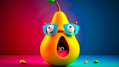 An image of cartoon pear with eyes and glasses. Generative AI.の素材