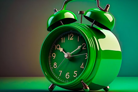 Green alarm clock sitting on top of table. Generative AI.の素材