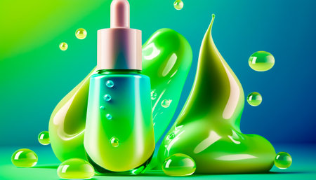 Bottle with green liquid and drops on blue background. Generative AI.の素材