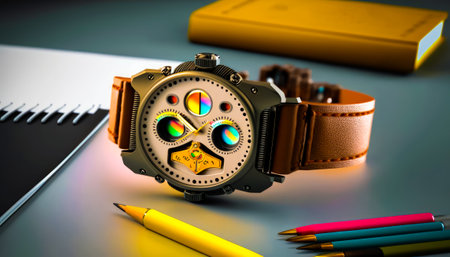 An image of watch sitting on top of notebook. Generative AI.の素材