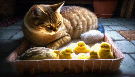 Cat sitting in basket with baby chicks. Generative AI.の素材